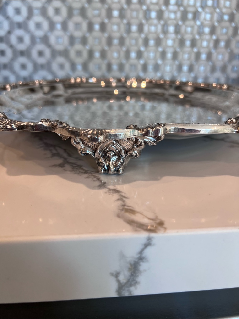 Antique Ornate Silver Plated Footed Tray Large 16" Heavy Solid Stamped Sheridan - Picture 2 of 12
